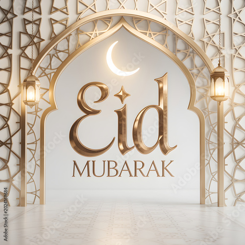 Eid Mubarak Golden Archway with Crescent Moon and Lanterns