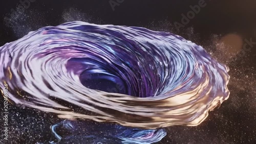 Abstract flowing iridescent liquid with golden shell on black background