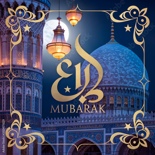 Eid Mubarak celebration with illuminated mosque and lanterns in ornate Islamic art style