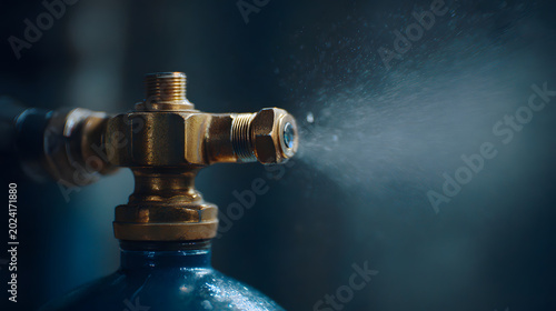 Closeup compressed air tank valve spraying mist, brass fitting releasing fine aerosol with dramatic lighting and shallow depth of field