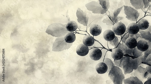 Watercolor Painting of Plums on a Branch