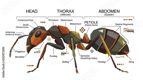 Foto Detailed Diagram Illustrating the Anatomy of an Ant, Labeling Its Head, Thorax,