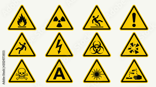 Yellow triangular warning signs with black hazard symbols fire radiation slipping caution electricity biohazard explosion toxic corrosive laser safety