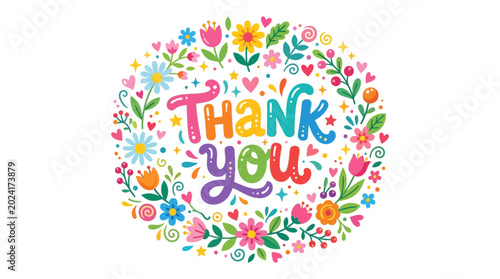 Photos A floral wreath with the words 'Thank You' in vibrant, playful lettering, surrou