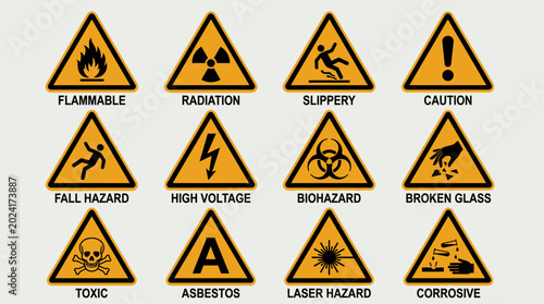 Yellow triangular warning signs with black hazard pictograms fire radiation slipping caution fall voltage biohazard broken glass toxic asbestos laser corrosive
