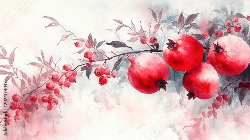 Watercolor Painting of Pomegranates and Berries