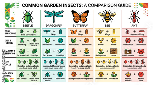 Common Garden Insects A Visual Comparison Guide to Beetles, Dragonflies, Butterflies, Bees, and Ants