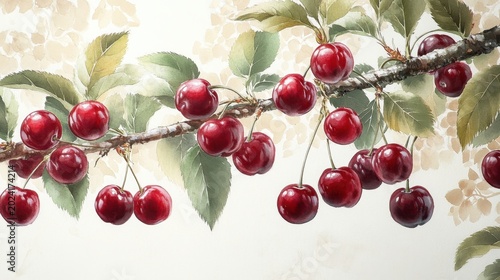 Watercolor painting of cherries on a branch