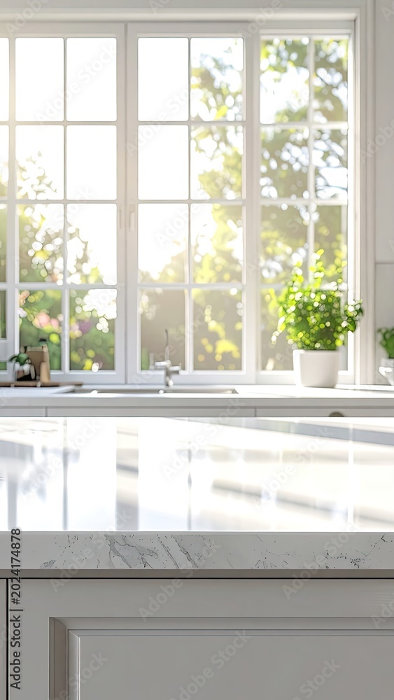 Fototapeta premium Sunlit modern kitchen interior with a marble countertop.