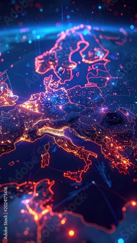 A vibrant digital representation of Europe illuminated by glowing lines and bokeh lights.