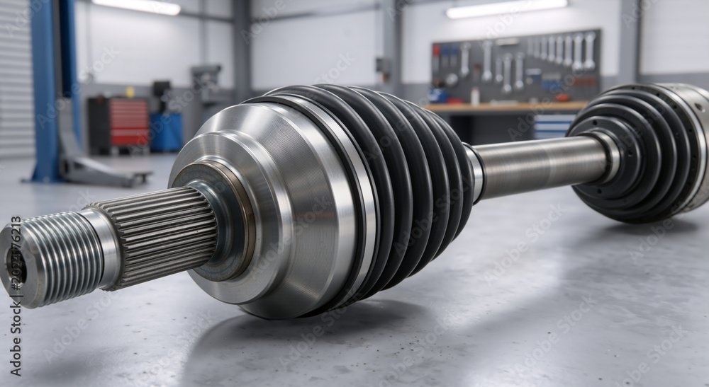 Obraz premium Close up of a new car drive shaft with CV joint and rubber boot. Automotive spare part on the floor of a modern auto repair shop