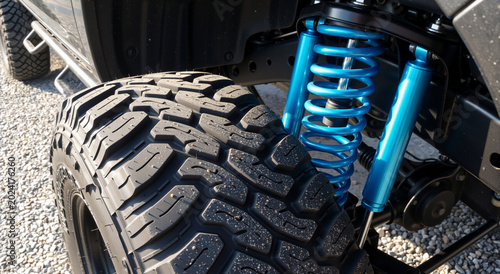 Close-up of rugged off-road tire and bright blue suspension coil spring. 4x4 truck shock absorber and heavy duty wheel tread on gravel. Automotive performance upgrade