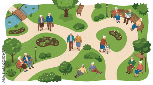 Senior citizens relaxing in public park vector illustration, elderly people walking and sitting on benches, active retirement lifestyle in green garden