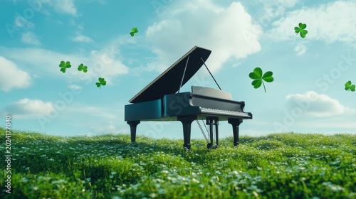 The Grand Black piano in summer garden and blue sky background,player keyboard musician artist concert concept.