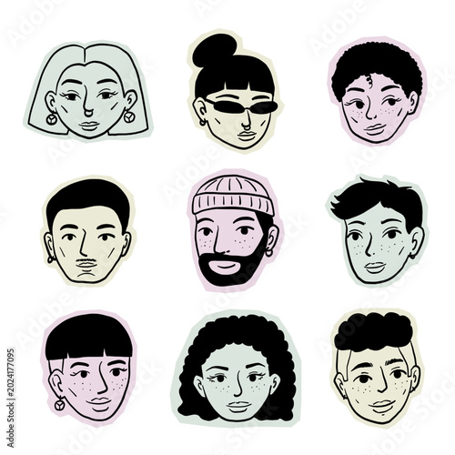 Minimal Diverse Portrait Sticker Set with Trendy Character Faces and Hand Drawn Avatars