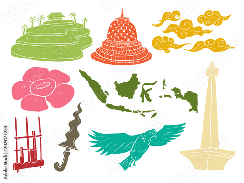 Colorful Indonesia Culture Elements Set with Borobudur Monas Garuda and Traditional Icons
