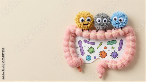 Three colorful pom-pom microbes sit atop a plush intestine with