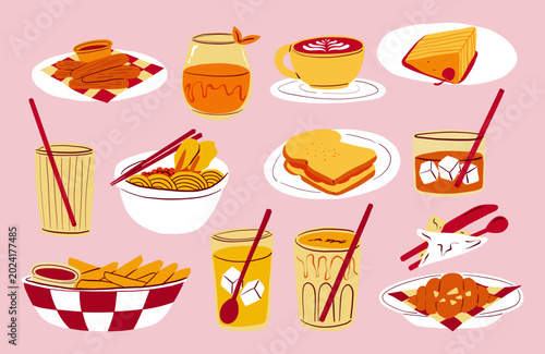 Cute Food and Drink Illustration Set with Coffee Noodles Sandwich Fries and Desserts