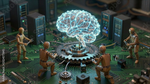 Robots assemble glowing brain on circuit board symbolizing AI and