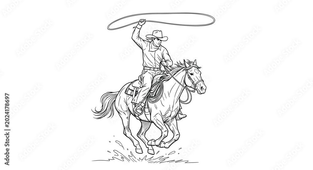Obraz premium Dynamic line drawing of a cowboy riding a galloping horse while swinging a rope lasso over his head in an action pose.