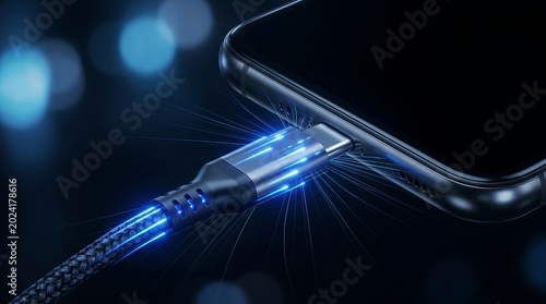 USB type c cable connecting to smartphone for fast power delivery dark background macro view