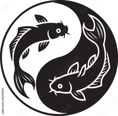 Yin Yang Koi Fish, Black White Vector, Symbol Icon