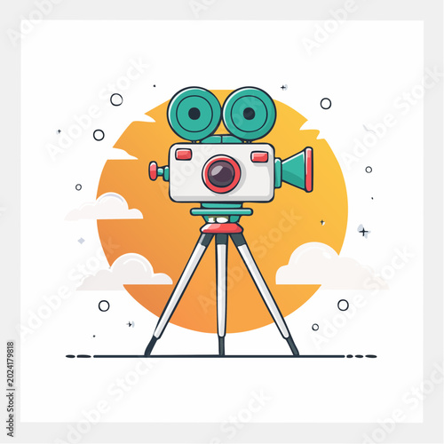 Retro Movie Camera on Tripod with Sunset Background