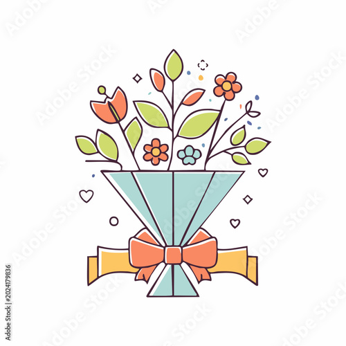 Stylized Bouquet of Flowers with Ribbon and Hearts