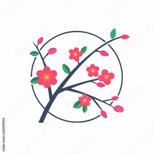 Stylized Cherry Blossom Branch with Pink Flowers and Green Leaves in a Circle