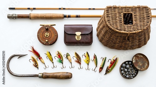 Still life of classic fishing tackle and equipment