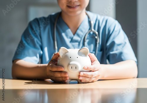 Healthcare Professional Holding Piggy Bank for Medical Savings