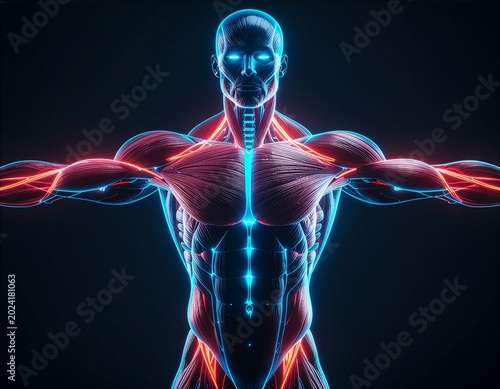 Anatomical depiction of the human muscular system illuminated by neon blue and red light against a dark background