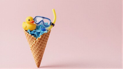 Yellow duck and snorkel in waffle cone with blue crinkled paper pink