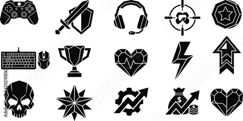 Gaming icons: controller keyboard trophy skull with money bag, video games