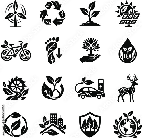 Environment icons: renewable energy recycling nature with solar panel, recycling