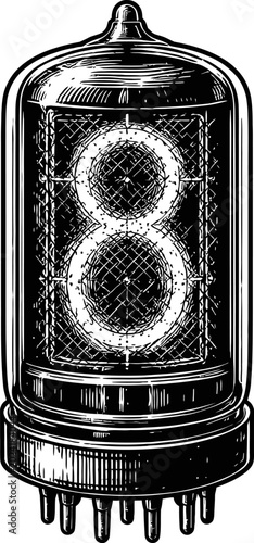 Black and white illustration of a vintage vacuum tube displaying the number 8 with glowing filament. Retro technology, electronic component, science equipment.