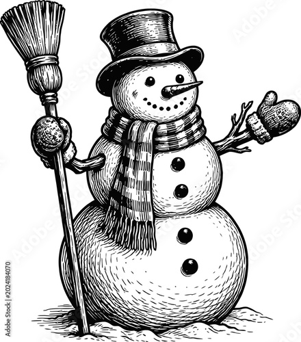A charming, hand-drawn illustration of a snowman dressed in a top hat, scarf, and mittens, holding a broom. Features a carrot nose and button details, evoking a festive winter holiday spirit.