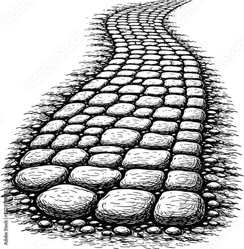 Winding cobblestone path leading upwards, textured stone walkway with pebbles, representing journey and progress