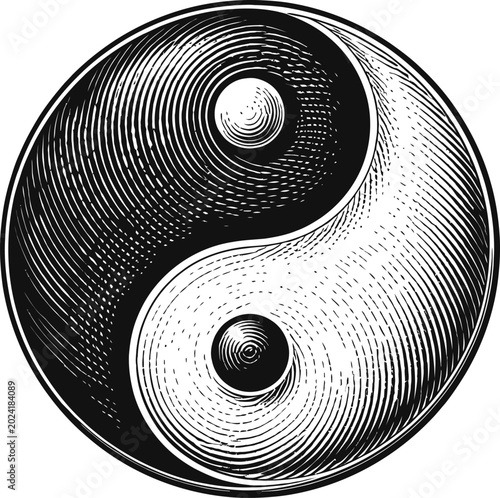A detailed engraving of the yin yang symbol in black and white, representing balance and harmony. The image uses a traditional, circular emblem style, evoking Taoism and philosophical dualism.