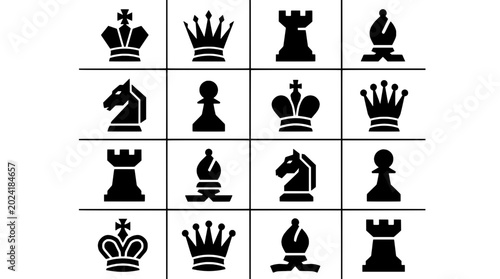 Chess pieces arranged in a grid with black and white icons featuring board, game, pawn with rook and knight elements for bishop, queen projects,