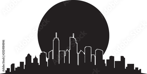 Urban skyline silhouette design featuring detailed cityscape buildings against large dark sun circle isolated on transparent background.