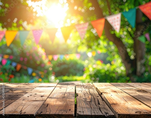 A rustic wooden table is set in a sunlit garden adorned with colorful bunting, suggesting an outdoor celebration.