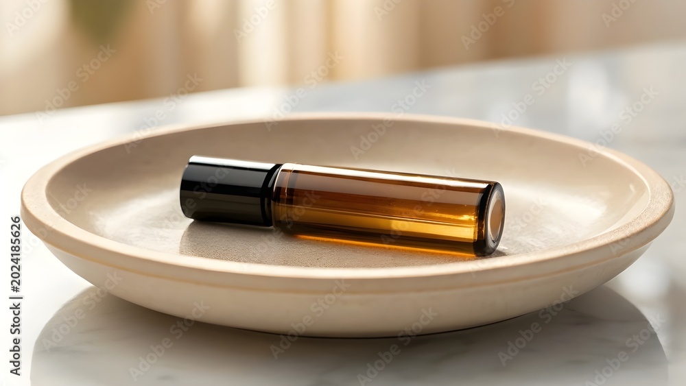 Naklejka premium Aromatherapy Oil Roll Centered On Cream Ceramic Tray, Natural Wellness Product For Relaxation And Calm, Minimal Spa Concept With Gentle Warm Light