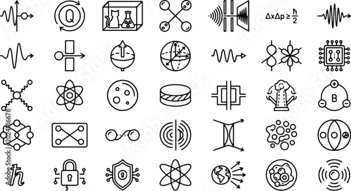 Fotografía Quantum physics icons depict advanced scientific concepts and modern theoretical research models