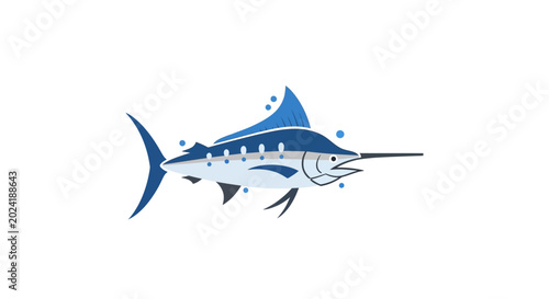Fotografie Blue Marlin Fish Swimming Underwater with Bubbles