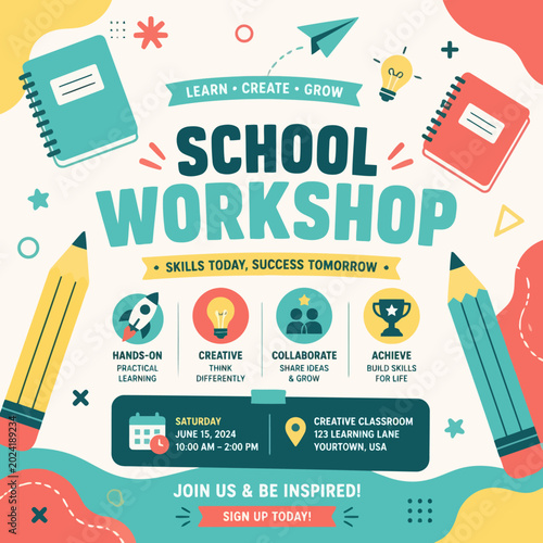 Colorful School Workshop Event Poster with Educational Icons and Creative Graphics for Academic Promotion and Skill-Building Seminars