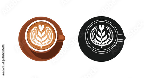 Coffee cup with latte art color and black silhouette