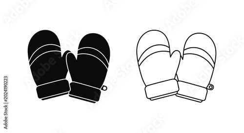 Photos Winter mittens pair in black and white line art silhouette
