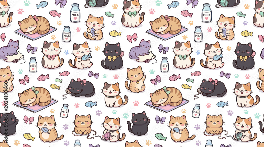 Fototapeta premium Cute Cartoon Cats Seamless Pattern. Adorable Kawaii Kittens with Milk and Fish. Pet-Themed Background for Kids Design Vector