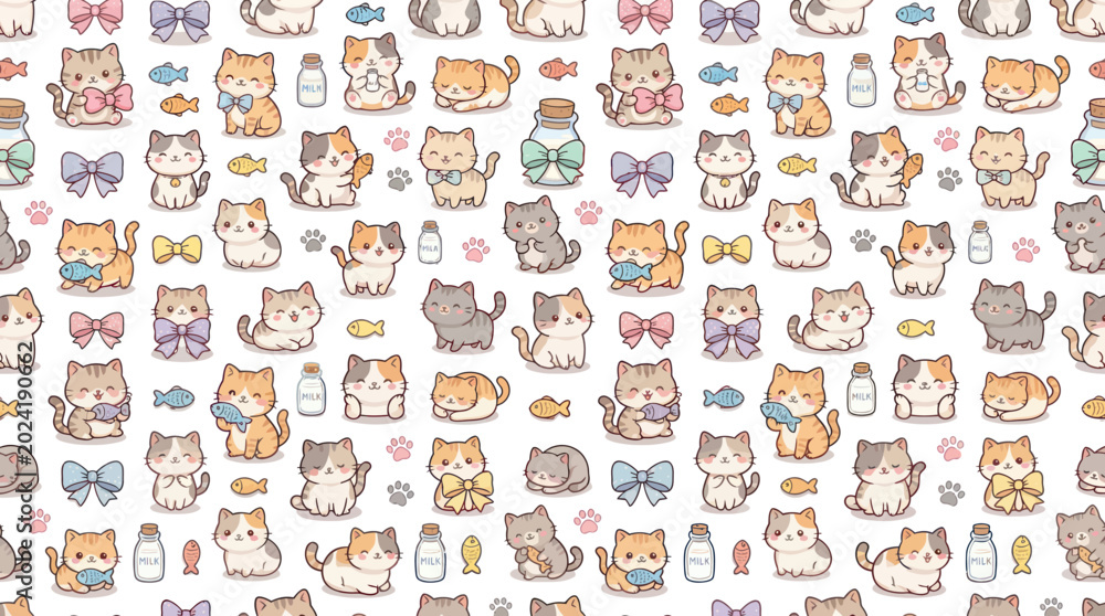 Obraz premium Cute Kawaii Cats Seamless Pattern - Adorable Animal Vector Art